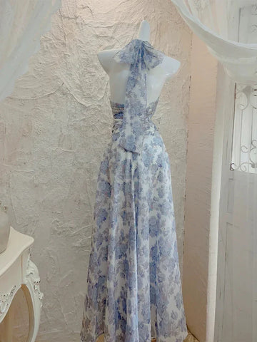 Elegant A Line Halter Lilac Floral Chiffon Long Evening Dress Outfits HZ1023